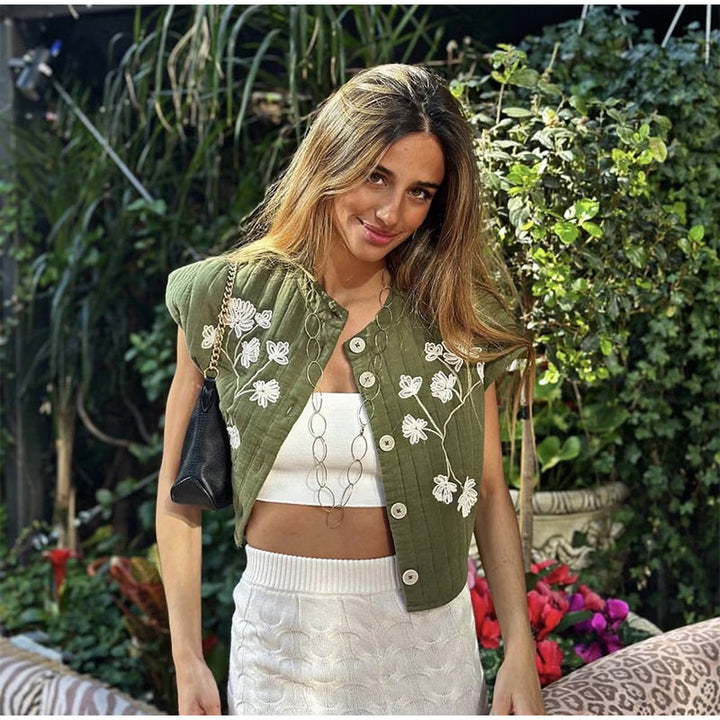 Nia | Gilet vert avec impression de fleurs