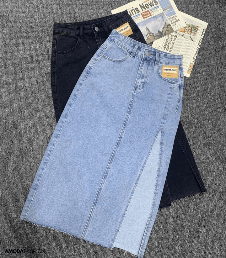 Esi | Longue jupe en denim crayon avec fentes latérales